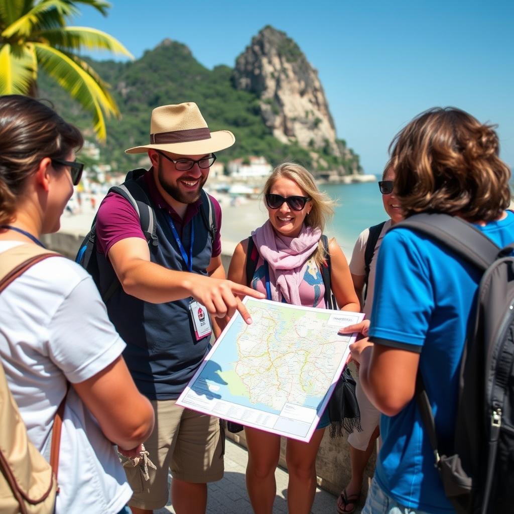 Reiseleiter hilft Touristen am Urlaubsort