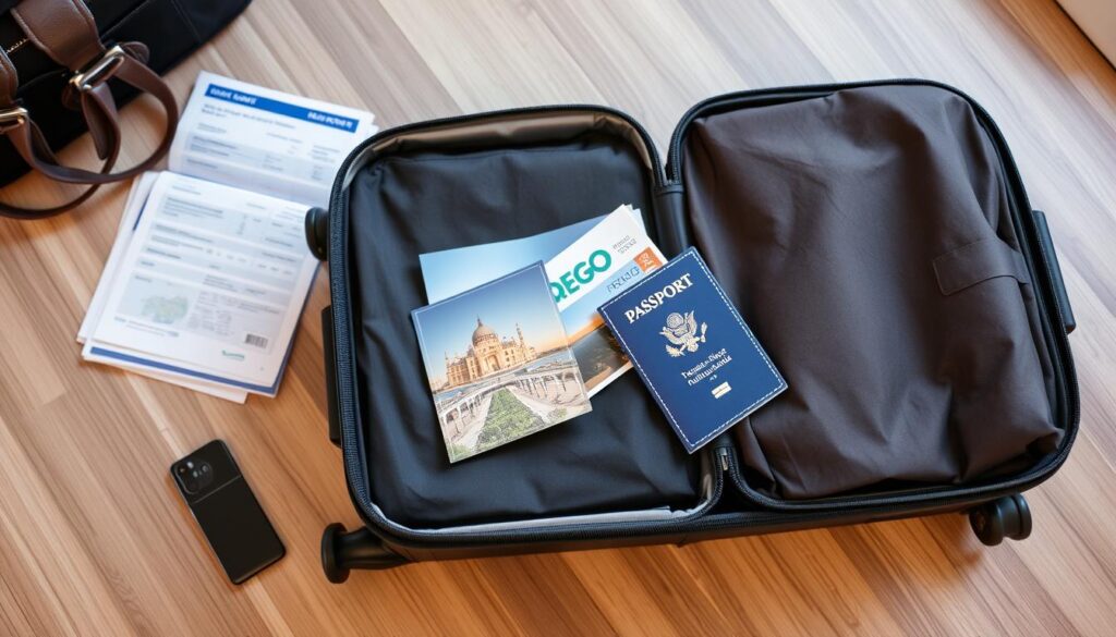 Reisevorbereitungen mit Koffer, Reisepass und Dokumenten
