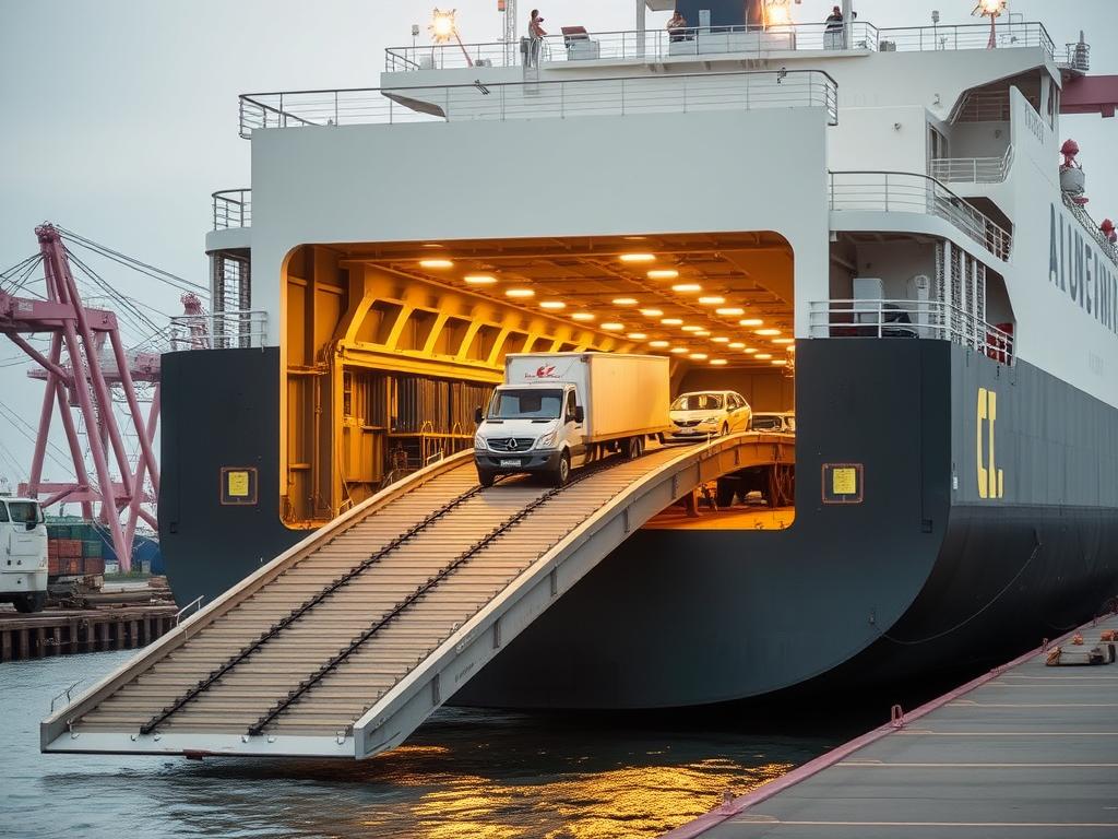 Roll-on/Roll-off Schiff für Fahrzeugtransport mit offener Rampe während einer Frachtschiffreise