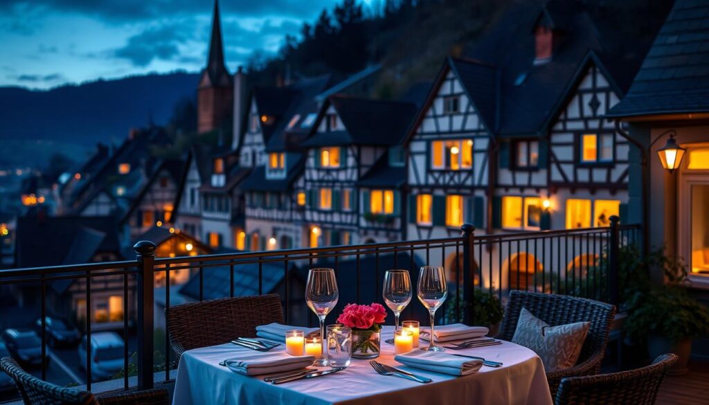 Romantisches Abendessen auf einer Terrasse mit Blick auf ein beleuchtetes elsässisches Dorf