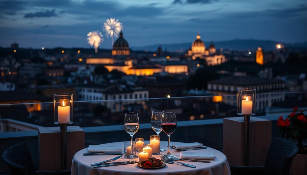 Romantisches Dinner auf einer Dachterrasse mit Blick auf das nächtliche Rom zu Silvester