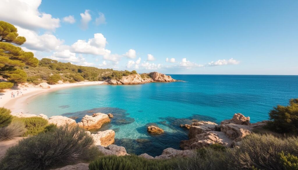 Ruhige Bucht auf Mallorca im Frühling mit türkisblauem Wasser und wenigen Besuchern
