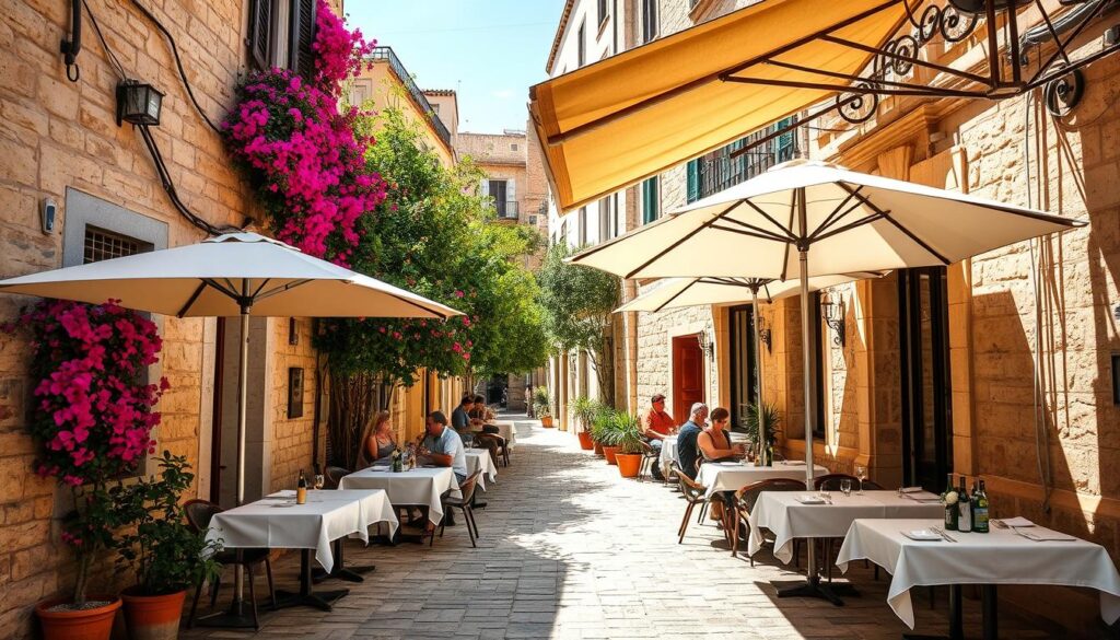 Schattige Terrasse eines Cafés in einer Altstadtgasse auf Mallorca im Sommer
