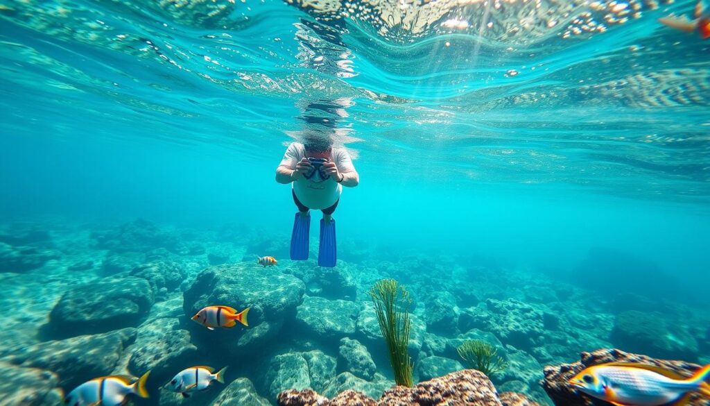 Schnorchler im kristallklaren Wasser einer griechischen Bucht mit bunten Fischen