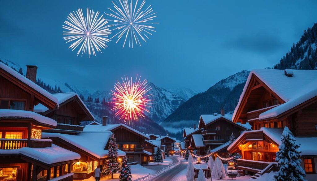 Silvesterfeier in einem verschneiten Alpendorf