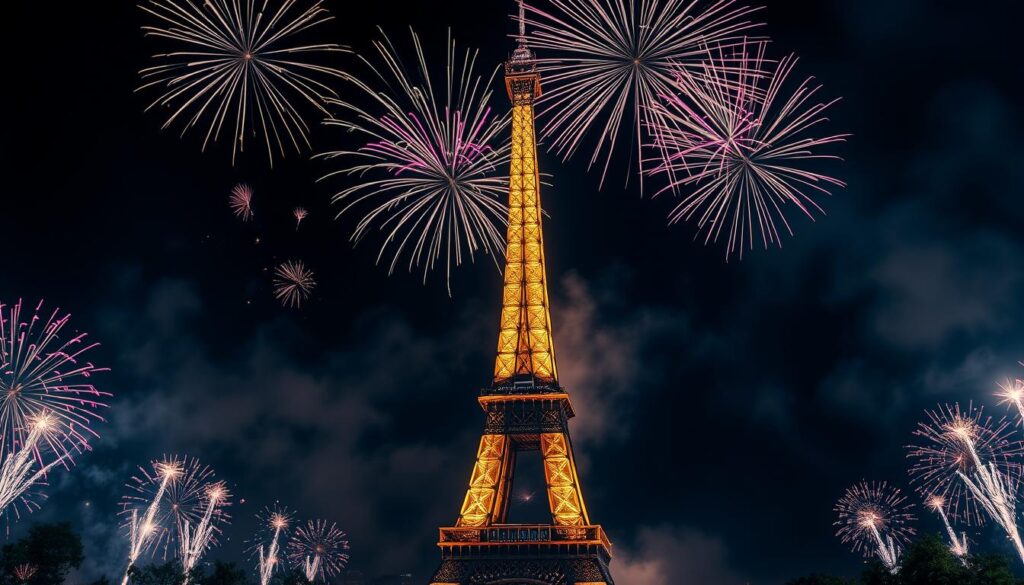 Silvesterfeuerwerk über dem Eiffelturm in Paris