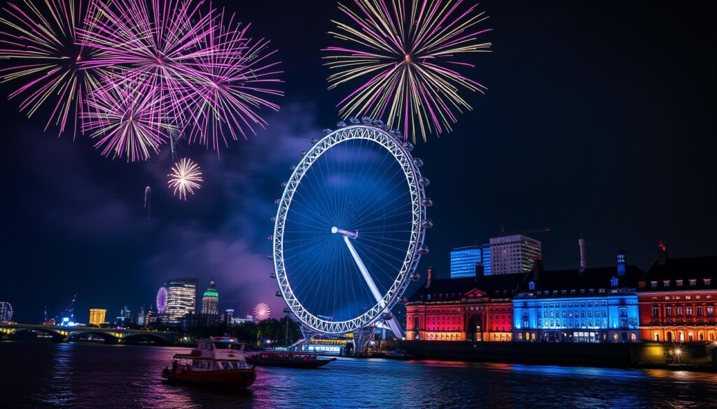 Silvesterfeuerwerk über dem London Eye und der Themse