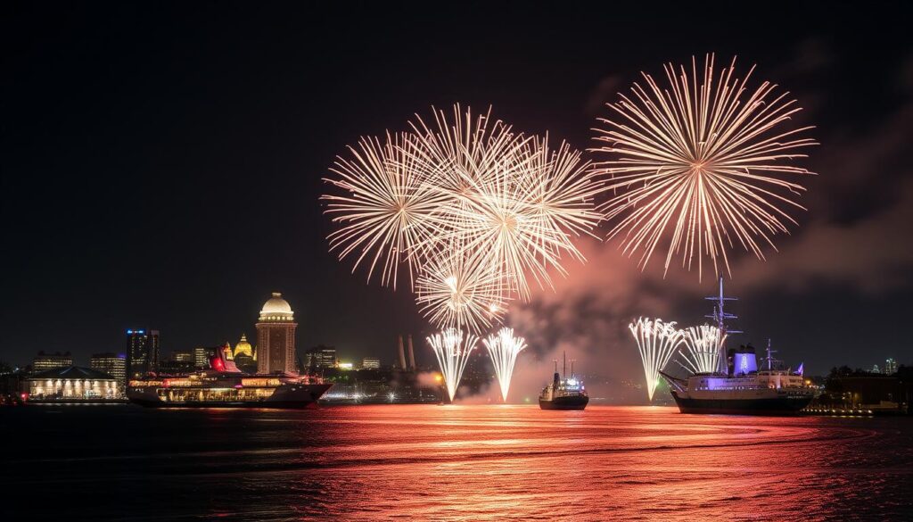 Silvesterfeuerwerk über der Hamburger Hafenkulisse