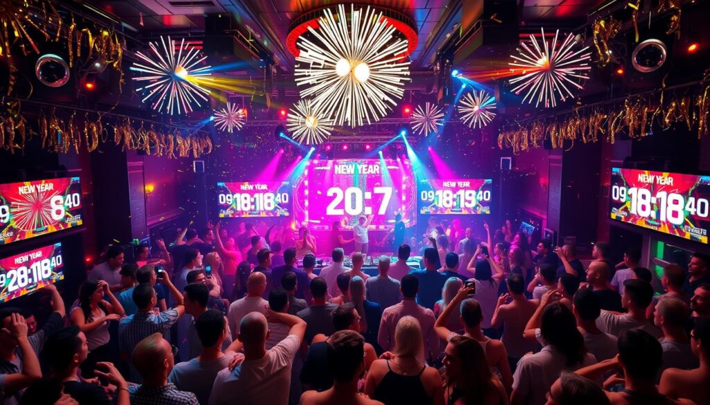 Silvesterparty in einem römischen Club mit tanzenden Menschen und festlicher Dekoration