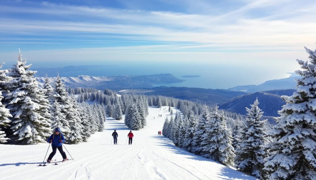 Skifahrer auf den Pisten des Mount Parnassus Skigebiets mit blauem Himmel und Meerblick in der Ferne