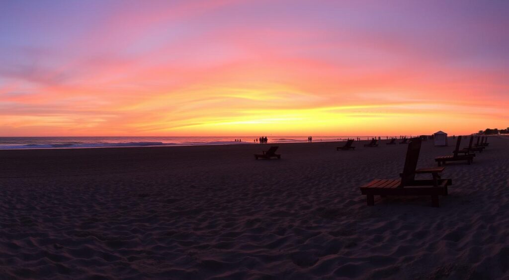 Sonnenuntergang am Nordseestrand mit Strandkörben in der Hauptsaison - Pauschalurlaub Nordsee