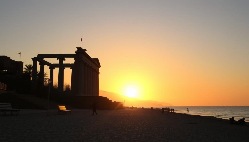 Sonnenuntergang am Strand von Side im Winter mit entspannten Überwinterern