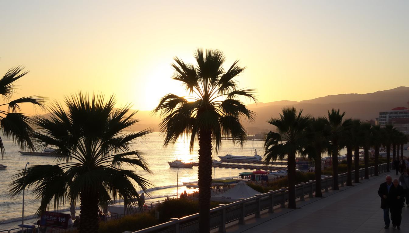Sonnenuntergang an der türkischen Riviera im Winter mit Palmen und Meer