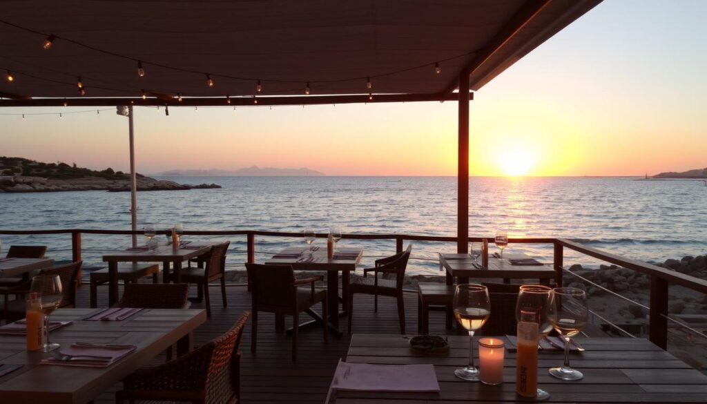 Sonnenuntergang in einem Strandrestaurant auf Formentera mit Meerblick - perfektes Abendessen für deinen Formentera Urlaub machen