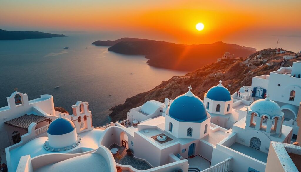 Sonnenuntergang über Santorini mit weißen Häusern und blauer Kuppel einer Kirche