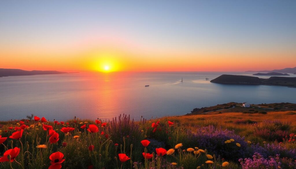 Sonnenuntergang über dem Meer an einer griechischen Küste im Frühling mit blühenden Wildblumen im Vordergrund