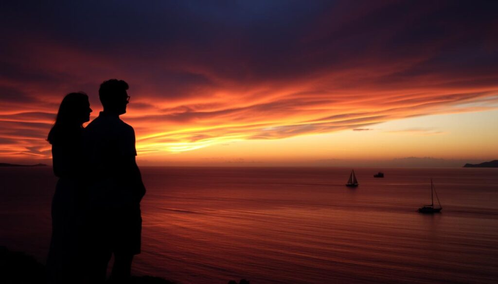 Sonnenuntergang über dem Meer von Formentera mit Silhouette eines Paares - romantischer Moment für deinen Formentera Urlaub machen