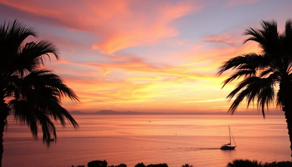 Sonnenuntergang über dem Mittelmeer an der Küste Mallorcas im Sommer mit orangefarbenem Himmel
