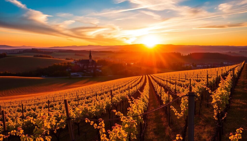 Sonnenuntergang über den Weinbergen des Elsass mit Blick auf ein malerisches Dorf