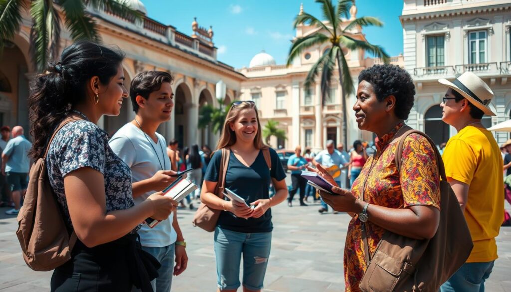 Sprachschüler im Gespräch mit Einheimischen auf einem Platz in Havanna