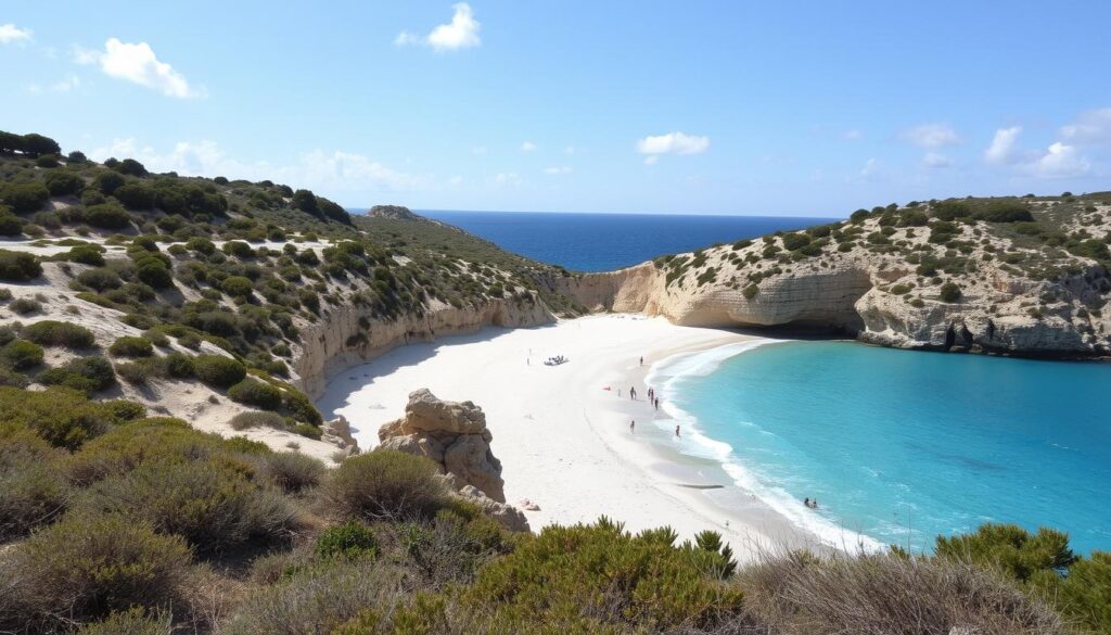 Strand Es Trenc auf Mallorca im Frühling mit türkisblauem Wasser und wenigen Besuchern