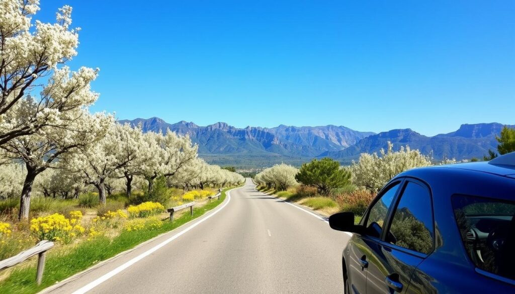 Straße durch blühende Landschaft auf Mallorca im Frühling mit Mietwagen