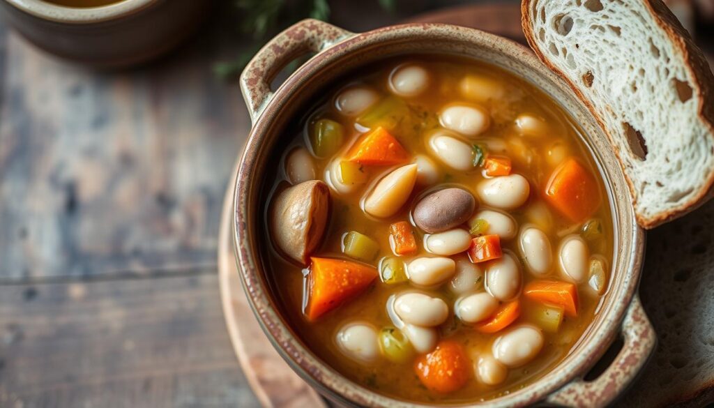 Traditionelle griechische Fasolada (Bohnensuppe) in einer rustikalen Schüssel mit Olivenöl und Brot