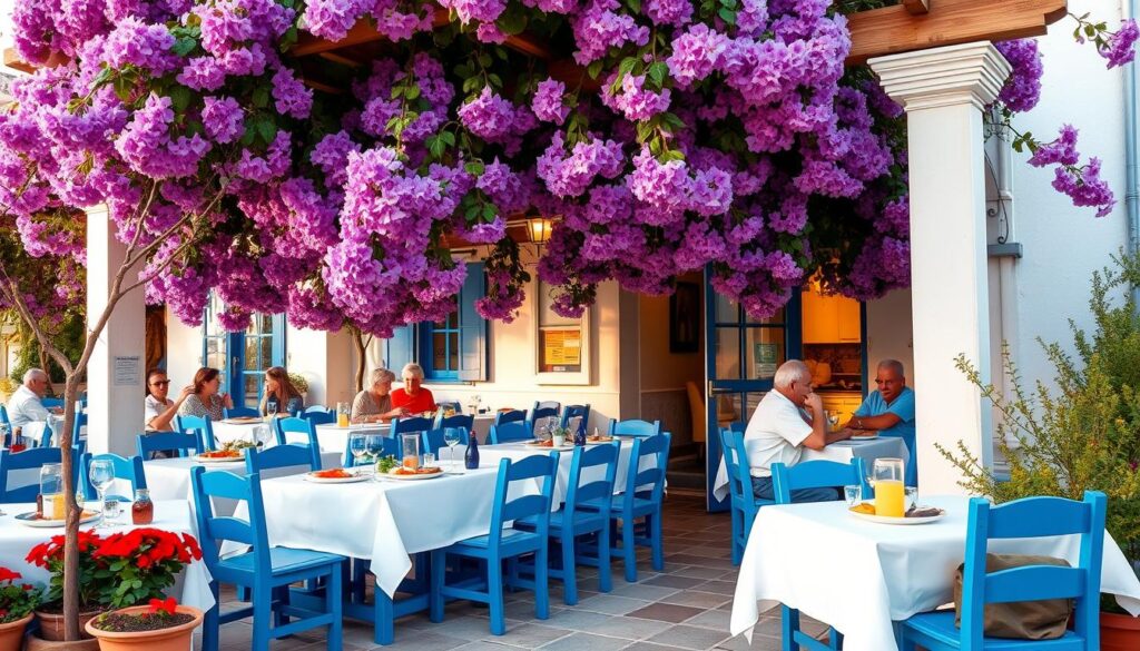 Traditionelle griechische Taverne mit Tischen im Freien unter blühenden Bougainvillea im Frühling