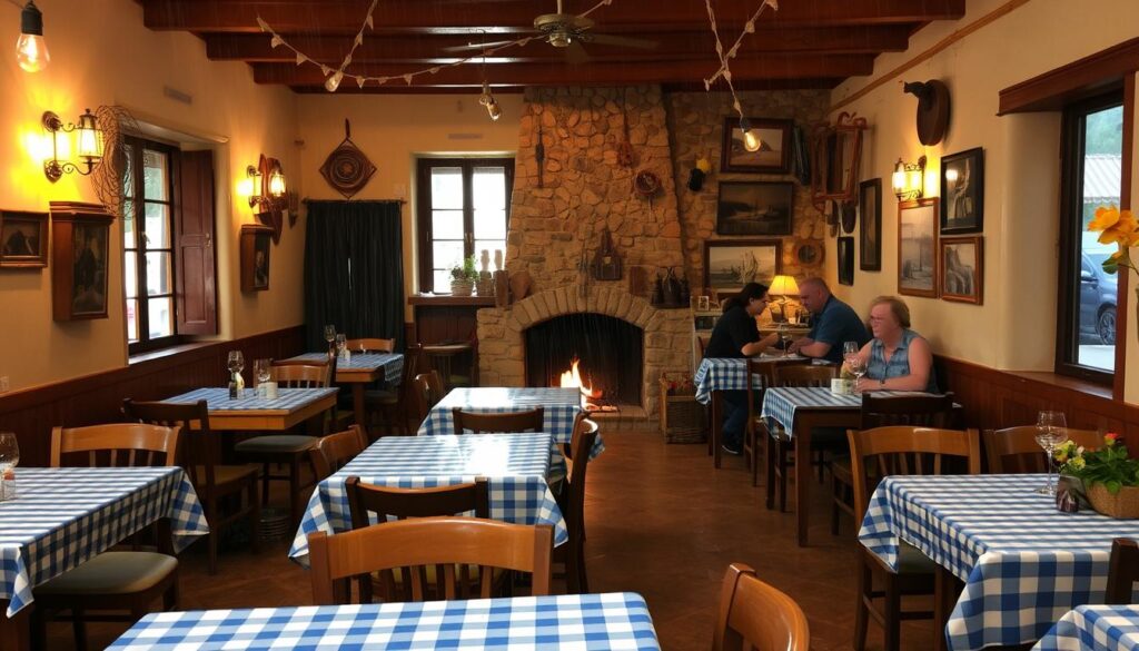 Traditionelle griechische Taverne mit gemütlicher Atmosphäre bei Regenwetter
