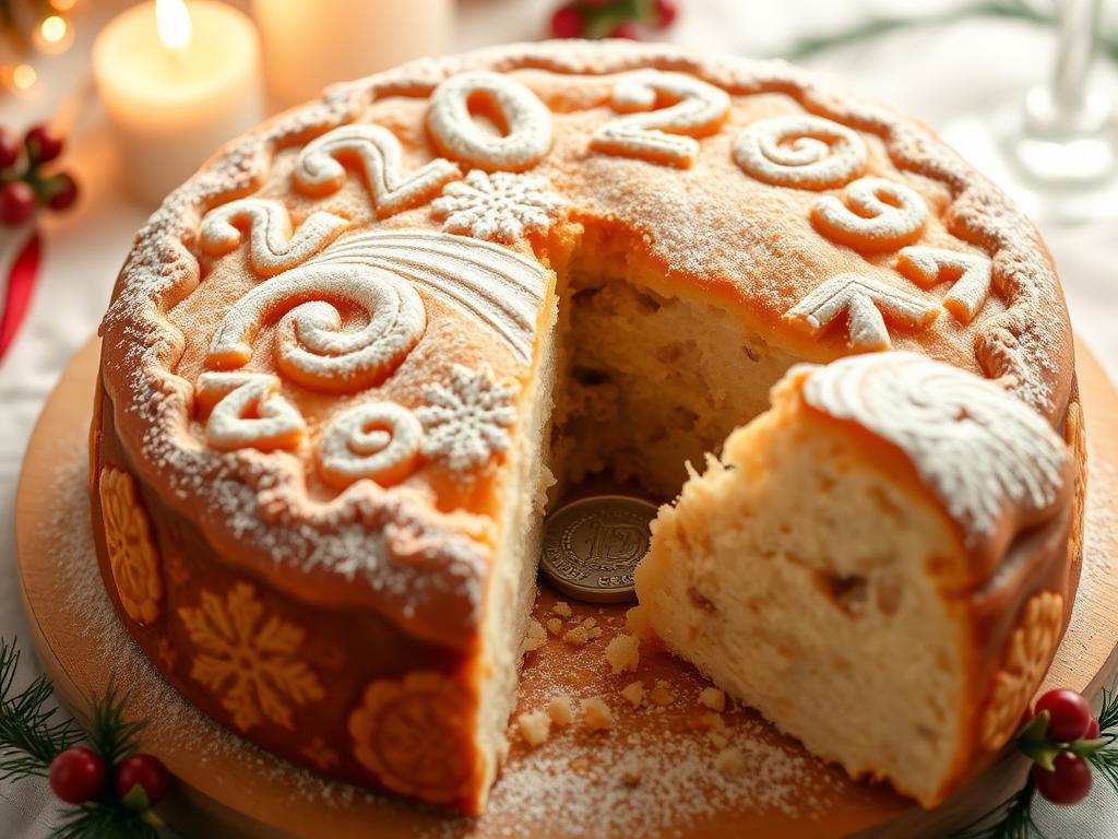 Traditionelle griechische Vasilopita (Neujahrskuchen) mit eingebackener Glücksmünze