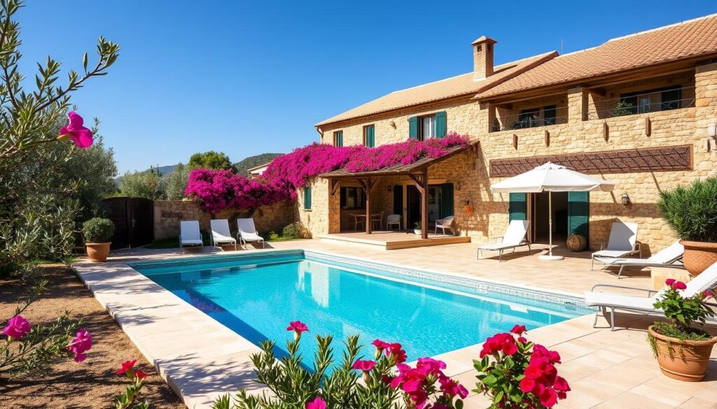 Traditionelle mallorquinische Finca mit Pool und Garten im Sommer