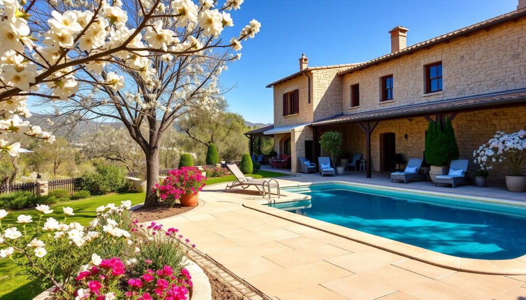 Traditionelle mallorquinische Finca mit blühendem Garten und Pool im Frühling