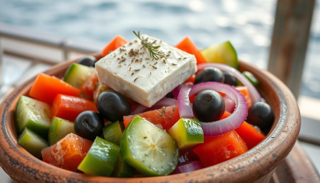 Traditioneller griechischer Salat mit Feta, Oliven und frischem Gemüse in einer Taverne am Meer