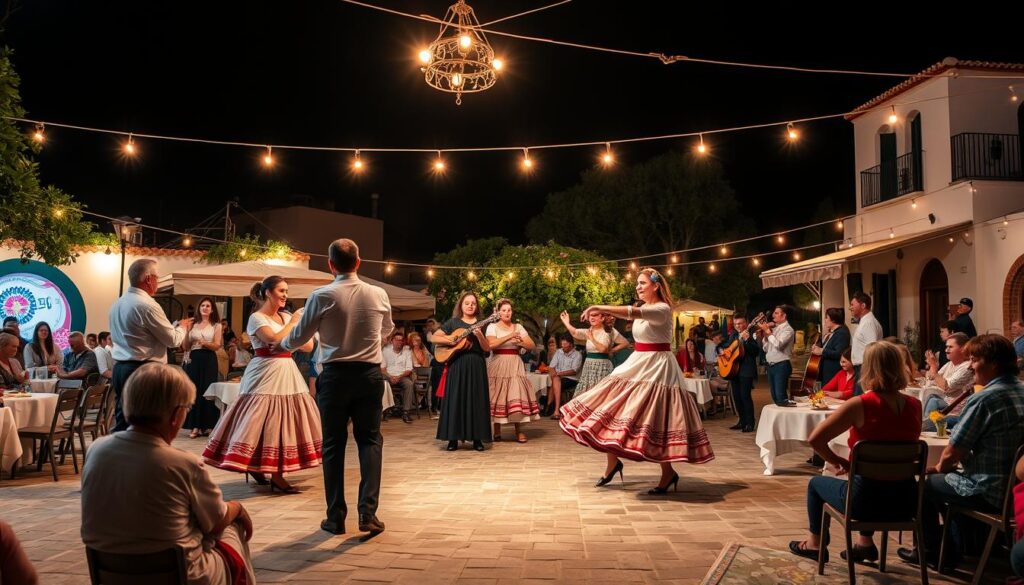 Traditioneller griechischer Tanz bei einem Sommerfest auf einer Insel mit Musikern und Zuschauern