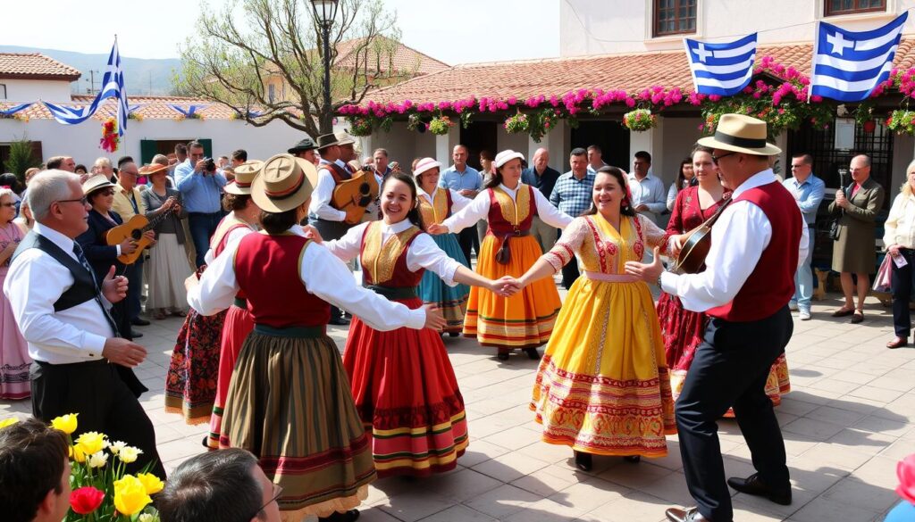 Traditioneller griechischer Tanz während eines Frühlingsfestes mit Menschen in traditioneller Kleidung
