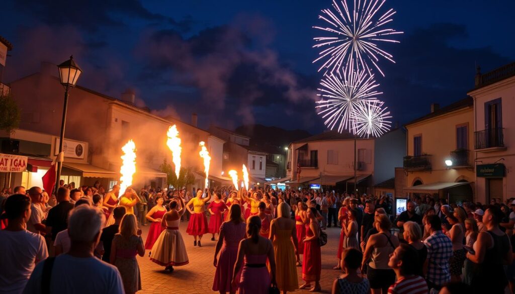 Traditionelles Sommerfest auf Mallorca mit Feuerwerk und feiernden Menschen