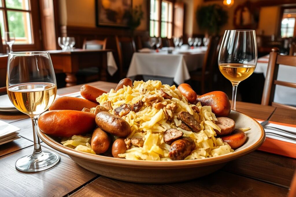 Traditionelles elsässisches Gericht Choucroute garnie mit Weißwein