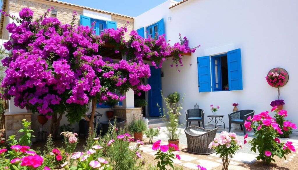 Traditionelles griechisches Gästehaus mit Blumengarten im Frühling