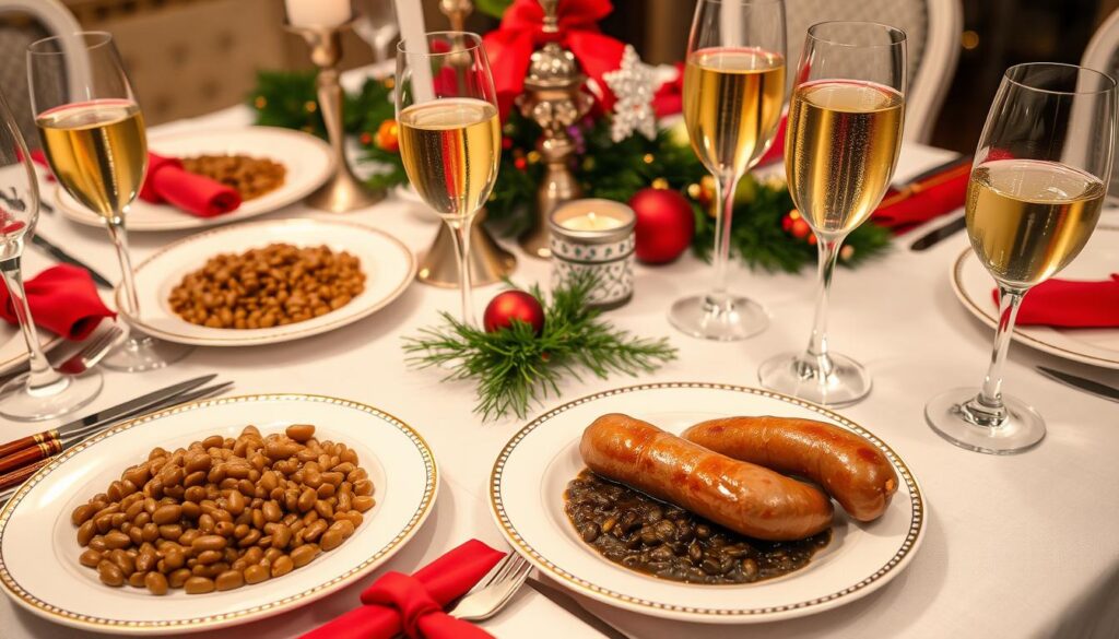 Traditionelles italienisches Silvesterdinner mit Linsen und Cotechino auf festlich gedecktem Tisch