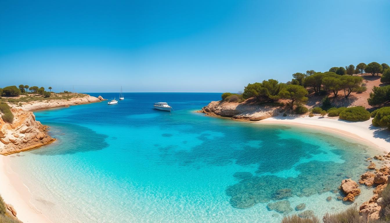 Traumhafte Küstenlandschaft von Formentera mit türkisblauem Wasser und weißem Sandstrand - perfekt für einen Formentera Urlaub machen