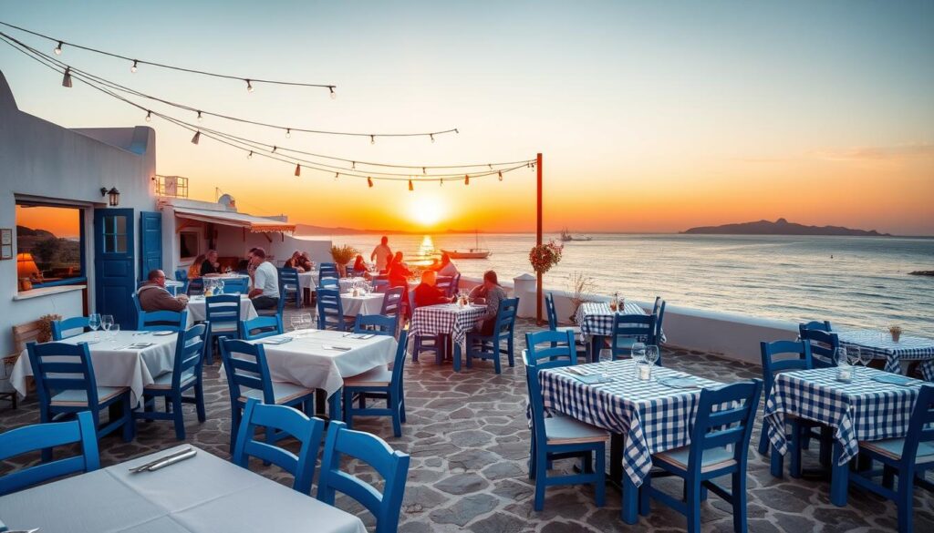 Typische griechische Taverne am Meer mit blauen Stühlen und weißen Tischen bei Sonnenuntergang