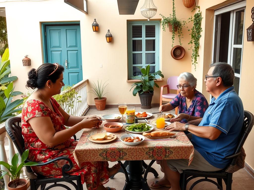 Typische kubanische Gastfamilie beim gemeinsamen Essen auf der Terrasse