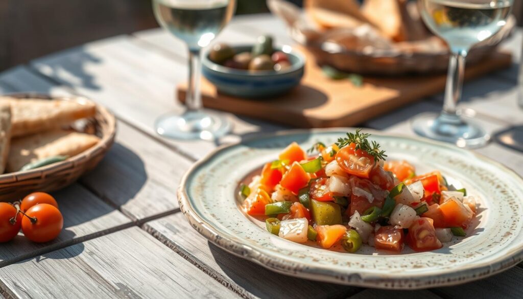 Typisches mallorquinisches Sommergericht Trampó mit frischem Gemüse und Olivenöl