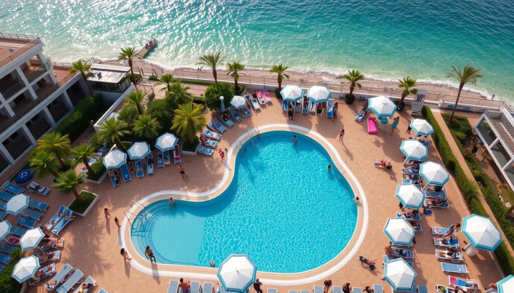 Überfüllter Hotelpool während der Hauptsaison in einem Nazar Hotel