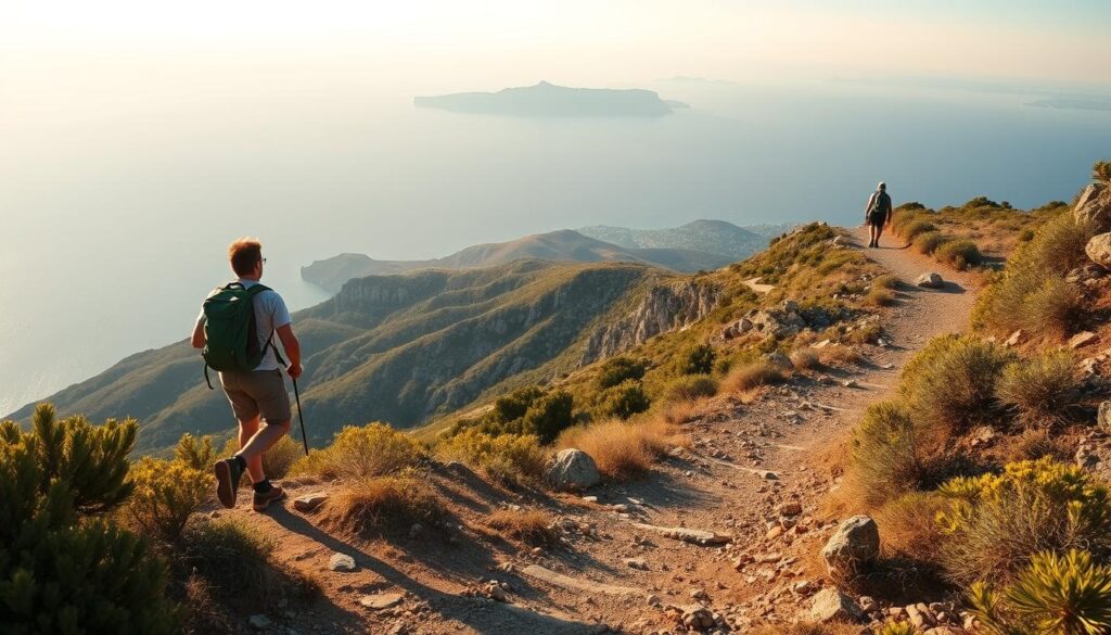 Wanderer auf einem Bergpfad mit Blick auf die Ägäis im Morgenlicht