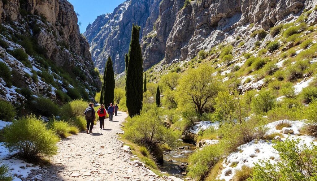 Wanderer auf einem Winterpfad in der Samaria-Schlucht auf Kreta mit grüner Vegetation