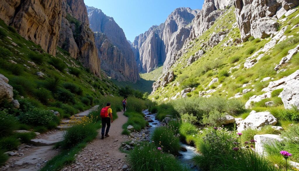 Wanderweg durch die Samaria-Schlucht auf Kreta im Frühling mit üppiger Vegetation
