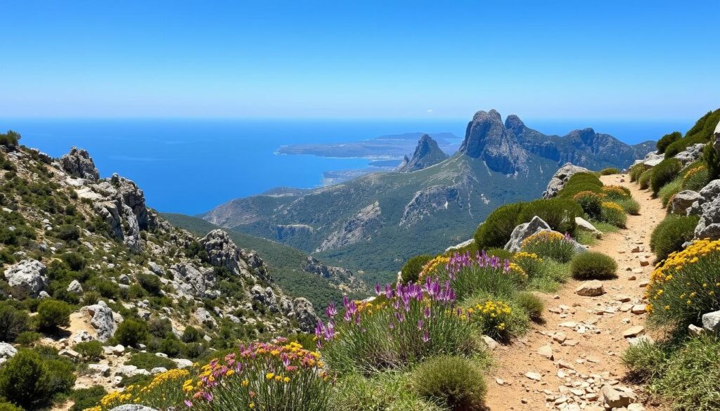Wanderweg in der Serra de Tramuntana auf Mallorca im Frühling mit blühender Vegetation und Meerblick