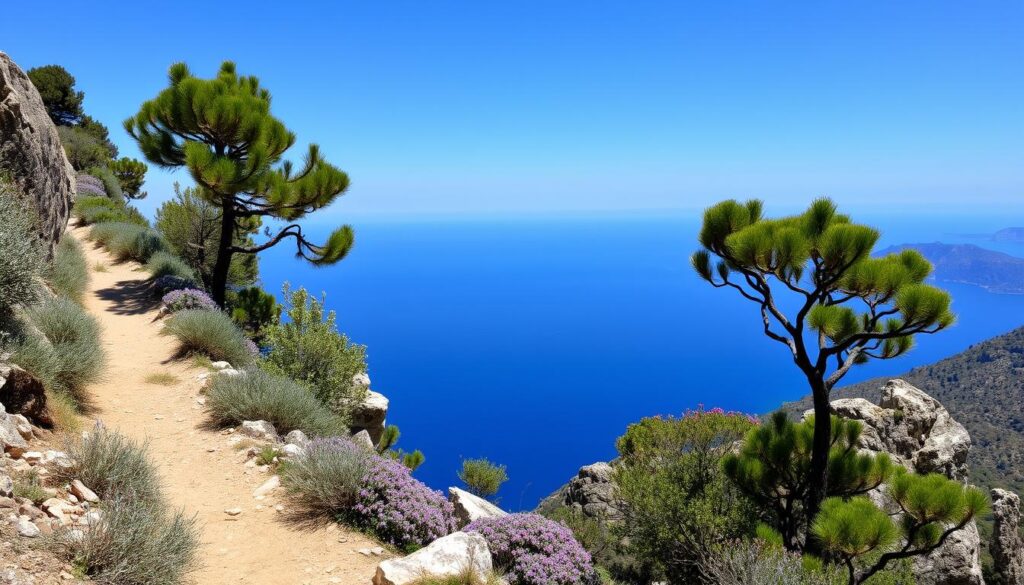 Wanderweg in der Serra de Tramuntana auf Mallorca im Sommer mit Ausblick auf das Meer