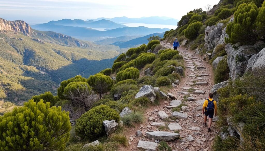 Wanderweg in der Serra de Tramuntana auf Mallorca im Winter mit grüner Landschaft